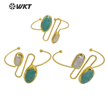 WT-MPB035 Úžasné zlaté elektrolyticky pokrývajú odolať tarnishable turquoises a pearl putá náramok Nádherné zlaté módny náramok kameň