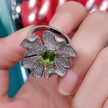 Módne Luxusné 925 Striebro Prstene pre Ženy Temperament Veľký Kvet Bling Olivový Zelenými Zirkónmi Krúžok Nádherné Šperky Darček