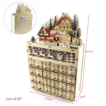 517E Vianočné Drevené Adventný Kalendár LED Osvetlené Obce Domu Santa Claus Časovač Ornament so Zásuvkami Box Dekor Darček