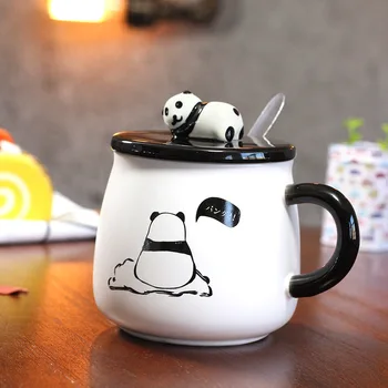 Panda Troch-dimenzionální Keramické Kávu, Poháre s Viečkami Lyžice Tvorivé Roztomilý Kreslený Pot-bellied Hrnčeky Raňajky Mlieko Drinkware