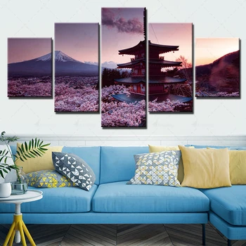Domáce Výzdoba Steny Umelecké Plátno Japonsko Mount Fuji Maľovanie Čerešňové Kvety Obrázky Hd Tlač Moderný 5 Nastaviť Plagát Spálňa Modulárneho Rámu