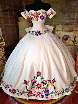Biela Ramena Mexickej Quinceanera Šaty Plesové Šaty Formálne Prom Čipky Luk Kvety Princess Sladké 15 16 Šaty