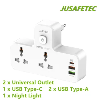 Multi-funkcia Sieťovej Zásuvky EÚ Plug 2 Univerzálnej Zásuvky, 2 USB Typ-C 1 Typ-20W Rýchle Nabíjanie Cestovné Zásuvky S Nočné Osvetlenie