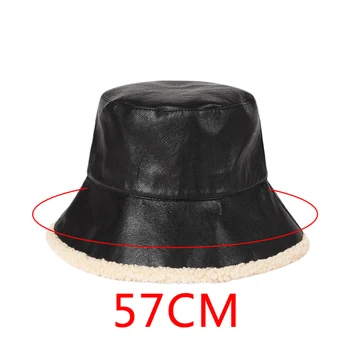 V Zime Teplé Muži Ženy Vedierko Hat Black Pu Koža Rybár Klobúk Vintage Japonský Baránok Vlna Teplého Klobúk Povodí Príliv Vedierko Hat