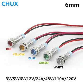 6 mm Kovové LED Indikátor nepremokavé signalizačná kontrolka 3v 5V 6V alebo 12V 24V 48V 110V 220v s drôtom červená žltá modrá zelená biela Prepínač