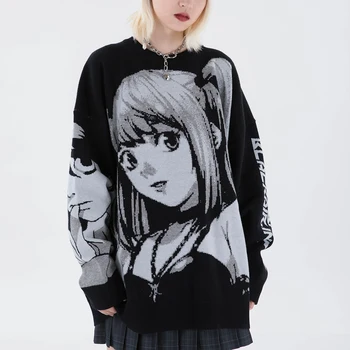 2021 Hip Hop Streetwear Vintage Harajuku Pletenie Sveter Anime Dievča Pletené Death Note Míša Sveter Pulóver Zimné Oblečenie
