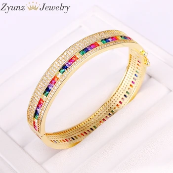 3KS, Crystal CZ Šperky Micro Pave Zirkóny Rainbow NOVÉ módne Zlatá Farba Najvyššej Kvality Shinning Farebné Putá Ženy Bangles