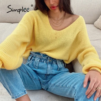 Simplee Minimalistický v krku ženy tenký sveter bežné Svietidla rukáv voľné žltá farba jumper Office mäkké ženské pletený pulóver