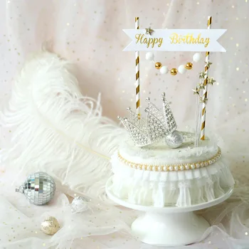 Zlaté, Strieborné Loptu Star, Happy Birthday Cake Vňaťou Krásne Crown Cake Top Vlajka Dekorácie Chlapec Narodeninovej Oslavy Svadby Dodávky