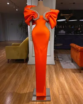 2022 Orange Nádherné Elegantné Morská Víla Večerné Šaty Dlhé Rukávy Flitrami Iskrivý Volánikmi Ženy Strany Sprievod Šaty Na Zákazku