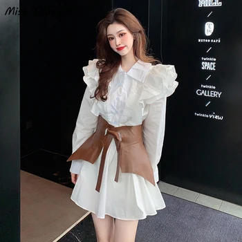 Jeseň Biele Elegantné Tričko Šaty Ženy pevné Ptchwork Strany Mini Šaty Žena Bežné kórejský Módne Kawaii Obväz Šaty 2021