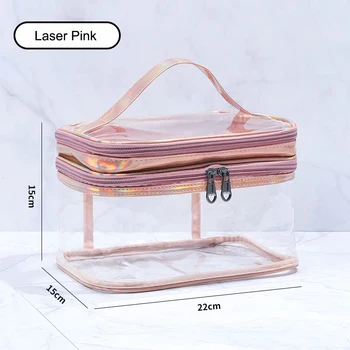 Laser Transparentné PVC Dvojité vrstva Kozmetické Tašky Ženy tvoria Prípade Cestovné Zips make-up Krásy Organizátor Toaletná Skladovanie Auta