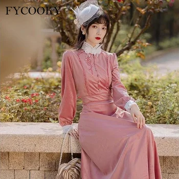 Francúzsky Ročník Zlato Zamatové Šaty Žien Jeseň Zima Nové Pink Elegantné Dlhé Šaty Y2k Oblečenie Žena