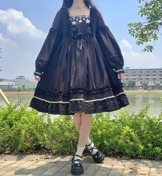 Japonský Lolita Šaty Víla Bowknot Star Čipky Gotický Čierne Šaty Letné Harajuku Dlhý Rukáv Lolita Šaty Pre Ženy