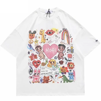 Muži Nadrozmerná T Shirt Hip Hop Streetwear Maľovanie List Srdce Rainbow Anjeli Tlač Tričko Harajuku Bavlna Krátky Rukáv T-Shirt