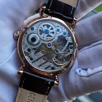 Sugess kostra mužov pozerať na ručne vinutých seagull ST36 pohyb mechanické hodinky módne náramkové hodinky kožené Zafírové Sklo NOVÉ
