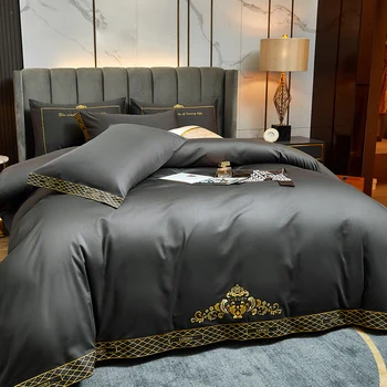 2021 Luxusné Egypt Bavlna Tmavo Sivá posteľná bielizeň Nastaviť Zlaté Výšivky Obliečky Kryt Plochý List obliečky na Vankúše 4Pcs