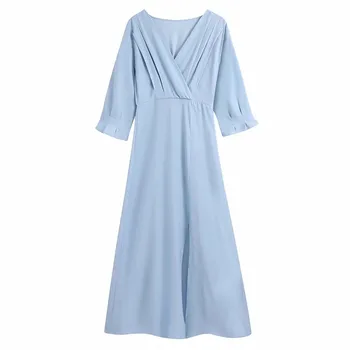 PSEEWE Za Šaty Žena 2021 Modrá Midi Šaty Žien Skladaný Letné Dlhé Šaty Módne Dámy Štrbinou Bežné Elegantné dámske Šaty