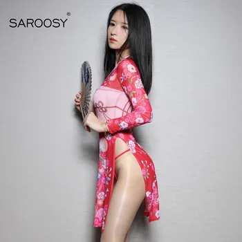 SAROOSY Sexy Anime Šaty pre Ženy, Čerešňové Kvety Vysoko Elastická Vidieť Cez Kimono Kostým Bielizeň Cosplay