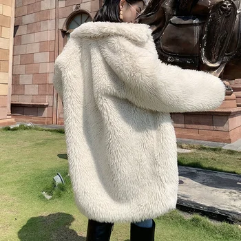 Zimné Plus Veľkosť Umelú Kožušinu Hrubé Teplé Kabát Luxusné Načechraný Ovčej Vlny Ženy Dlhé Kabáty Žena Streetwear Voľné Plyšový Medvedík Kabát