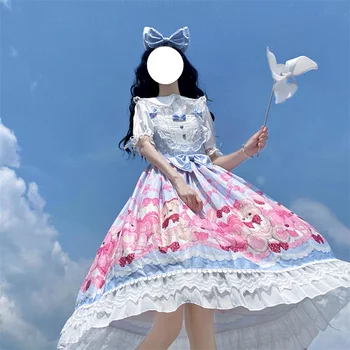 Lolita Štýl Japonských Sladké Kawaii Mäkké Girl Party Zdobiť Roztomilý Kreslený Tlač Čela bez Rukávov Čipky Volánikmi JSK Princezná Šaty
