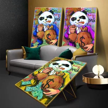 Zelená Fialová Panda Legrační Tvár, Fajčenie Obrázok Peniaze Taška Plátno Na Maľovanie Motivačný Wall Street Art Plagát Moderného Domova
