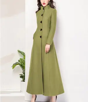 Jeseň zima vintage stojan golier x-dlhé vlnené kabát ženy singel svojim tenkým vysokým pásom vlna zmesi kabát