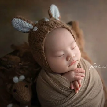 Dieťa jeleň kapoty klobúk Mohair dieťa jeleň klobúk Novorodenca fotografie rekvizity