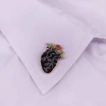 Čierne Srdce Anatómie kvet Klopě Pin Odznak Anatomické Gotický Darček Smalt pin