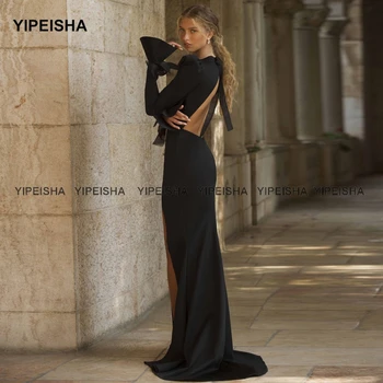 Yipeisha Formálne Black Prom Šaty s Lukom Hlboké V-neck Backless Dlhý Rukáv Večerné Šaty Strane Pozdĺžneho Morská víla Hostiny, Párty Šaty