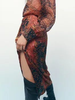 ZA jeseň nové žien retro temperament klope voľné rovno priesvitné vytlačené tričko + slim vytlačené strane pozdĺžneho sarong sukne