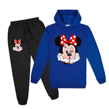 Karikatúra Disney Minnie Tlač Hoodies Nastaviť Dlhý Rukáv Bavlna Bežné Dievčatá Oblečenie Nastaviť Športové Oblečenie Kawaii Pulóver S Kapucňou