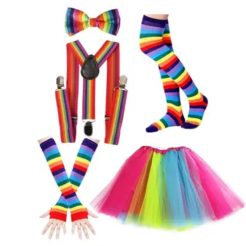 Dámske 80. rokov, Neon Party Oblečenie Kostým Dúhová Pruhy Rameno Teplejšie Dlhé Ponožky Bowtie Podväzky Tutu Sukne Cosplay Nastaviť