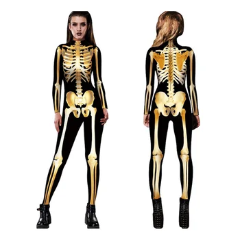 Ženy Halloween Cosplay Dlhý Rukáv Mäkké Scary Skeleton Tlač Jumpsuit Bodycon Party, Karneval, Kostým Kombinézu Dospelých 3 Štýly