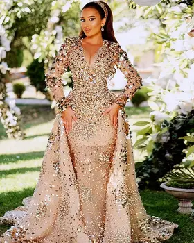 2021 Arabčina Aso Ebi Zlato Iskrivý Luxusné Šaty Ples Korálkové Kryštály Úplnej Krku Večer Formálnej Strany Druhej Príjem Plášte