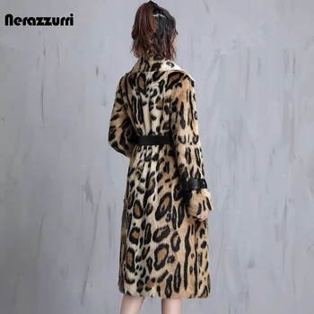 Nerazzurri Zimné Dlhé Leopard Tlač Teplé Načechraný Umelú Kožušinu Kabát Ženy s Kožený Pás Vzletovej a Luxusné Európskeho Štýlu Módy 2021