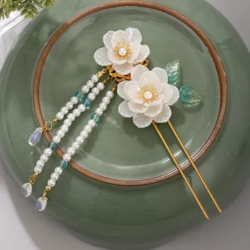 Móda Biely Kvet Napodobňované Jade Faux Perly Strapec Prívesok Vlásenky Vhodné Cheongsam Žena Elegantné Vlasy, Šperky MA