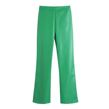 PSEEWE dámske Nohavice Za Faux Kožené Zelené Nohavice Ženy Vysoký Pás Žena Nohavice Jeseň 2021 Streetwear Módy Neforemné Nohavice