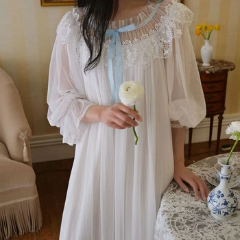 Romantický Dlhé Nočné Šaty Žien Jeseň Bieleho Tylu Nighty Čipky Peignoir Viktoriánskej Vintage Nightgowns Sleepwear Bridesmaid, Rúcha