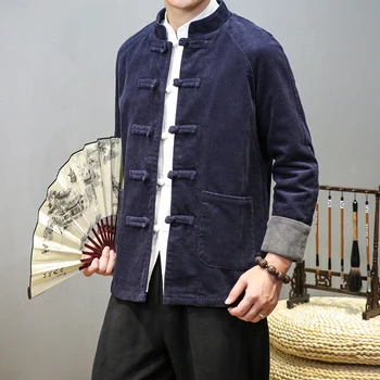 Čínsky Štýl Vintage Menčestrové Sako Mužov Oblečenie Na Jar Jeseň Harajuku Tlačidlo Kabát Plus Veľkosť Voľné Topy Muž