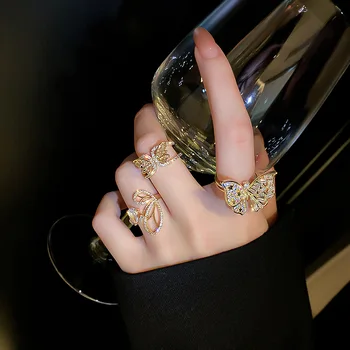 Japonský a kórejský Zlatá Farba Luxusné Zirkón Motýľ Prstene pre Ženy Jednoduchý Dizajn, Šperky, Módne Otvorte Nastaviteľné Prst Prsteň