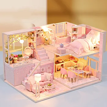 Doll House Drevený Nábytok Diy Dom Miniatúrne Box Zostaviť Puzzle 3d Miniaturas domček pre bábiky Súpravy, Hračky Pre Deti Darček k Narodeninám