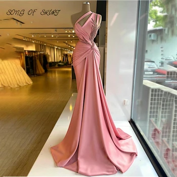 Luxusné Ružová Dlhé Večerné Šaty Jedno Rameno Morská Víla Nášivka Lištovanie Ženy Formálnej Strany Šaty Elegantes Vestidos De Fiesta
