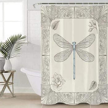 Ručné Kreslenie Dragonfly Béžová Sprchový Záves Kúpeľňa Decor Textílie Sprchový Záves Dom Dekor