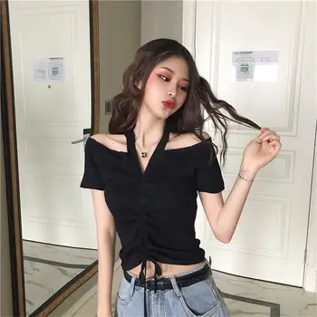 2021 letné nový kórejský sexy visí na krku mimo rameno hore ženský šnúrkou slim fit krátky rukáv T-shirt dna tričko