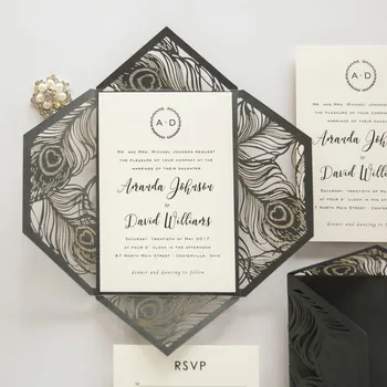 Elegantný Čierny Laser Cut Svadobné Pozvánky elegantné Čierno-laser-cut svadobné pozvánky doprava zadarmo