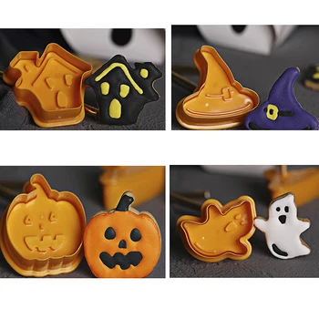 4pcs Halloween Tekvica Ghost Tému Plastové Cookie Cutter Piest Fondant Sugarcraft Čokoláda Formy Cake Zdobenie Nástroje NOVÉ