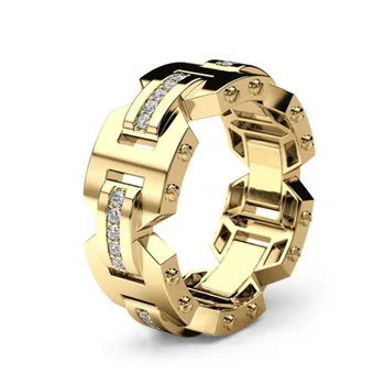 Módne pánske, dámske snubný Prsteň Zlatá Farba Vykladané Kryštálmi AAA Kubický Zirkón s Reťazca Geometrické Krúžok na spoločenské Šperky