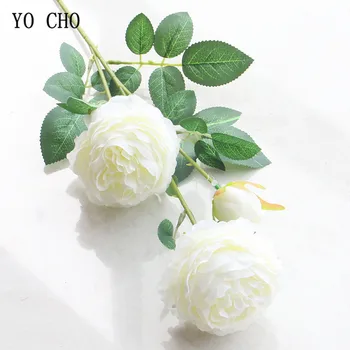 YO CHO 3 Hlavy Žltá Biela Sieťotlač Umelé Kvety Hodvábu Kvetov Ruže Umelý Kvet Svadobná Výzdoba pre Domáce Falošné Pivónie