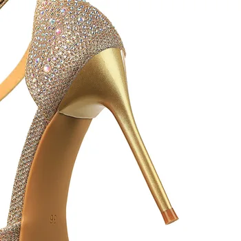 2022 Sexy Ženy 10 cm Vysoké Podpätky Veľkosť 40 Sandále Svadobné Svadobné Scarpins Lesk Podpätky Fetish Stiletto Crystal Zlatá Čerpadlá Topánky